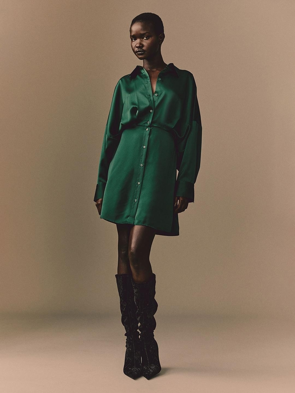 Women's Green Satin Shirt Dress